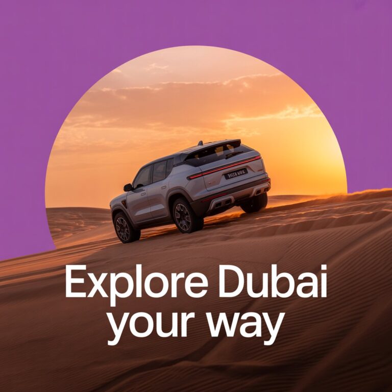SUV driving on Dubai desert dunes at sunset with the caption “Explore Dubai your way”