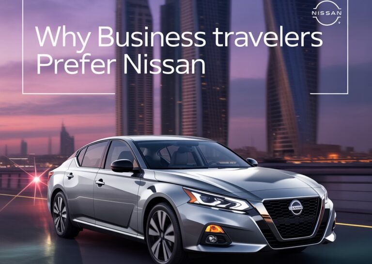 Nissan car rental in Dubai from Headway – silver Nissan sedan for business travelers with city skyline background."