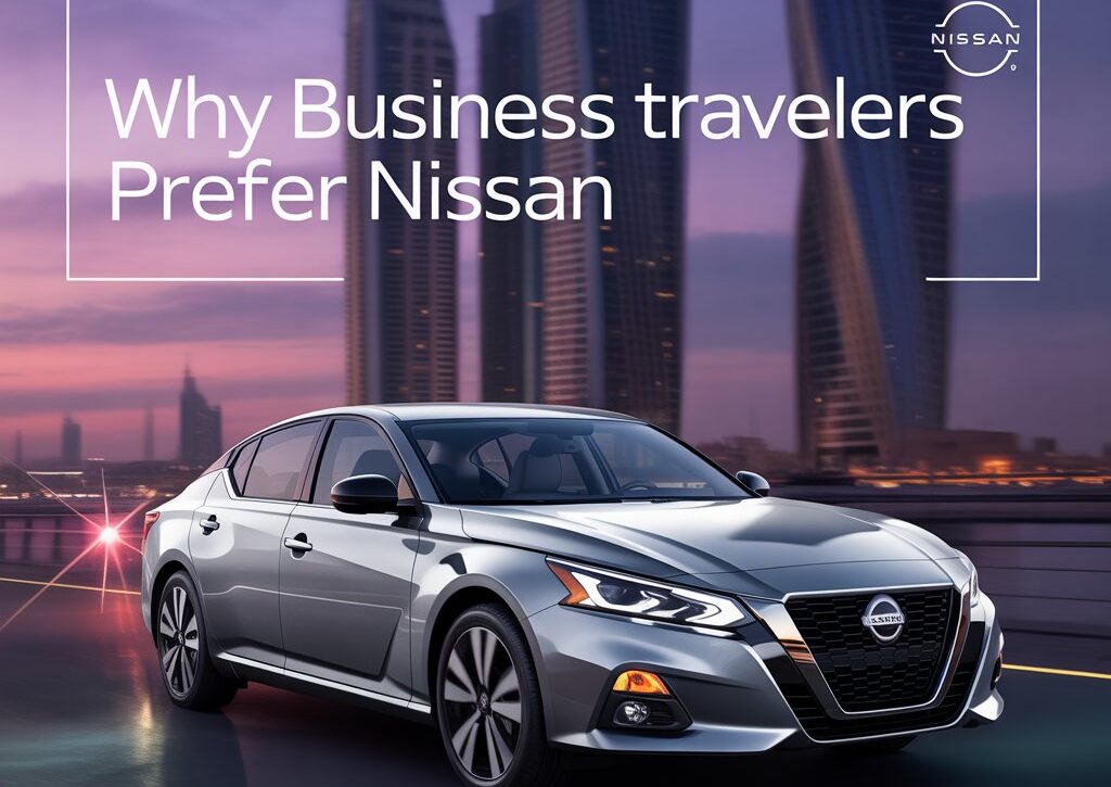 Nissan car rental in Dubai from Headway – silver Nissan sedan for business travelers with city skyline background."