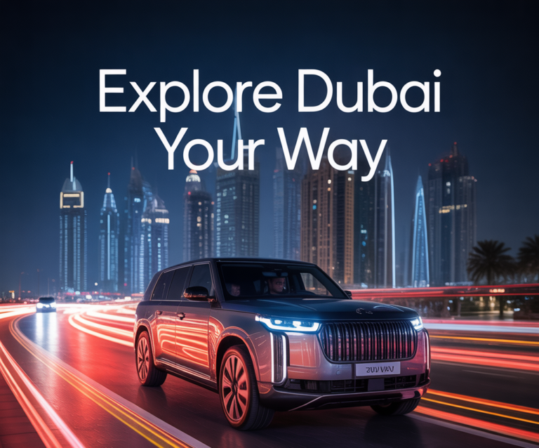 Luxury SUV driving on a brightly lit Dubai road at night with city skyscrapers in the background and text overlay “Explore Dubai Your Way.”