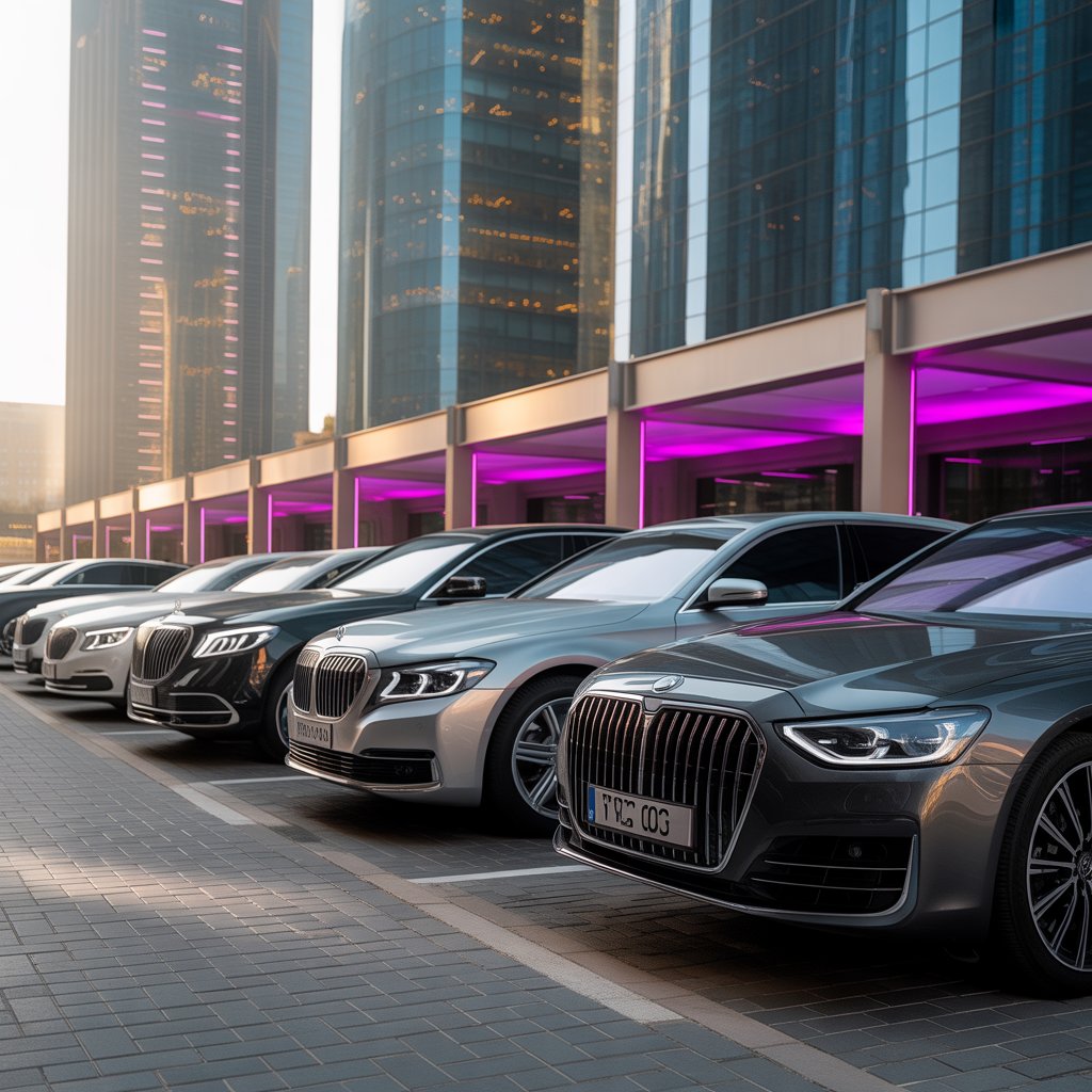 A row of BMW 7 Series cars parked, showcasing luxury vehicles ideal for business travelers in Dubai