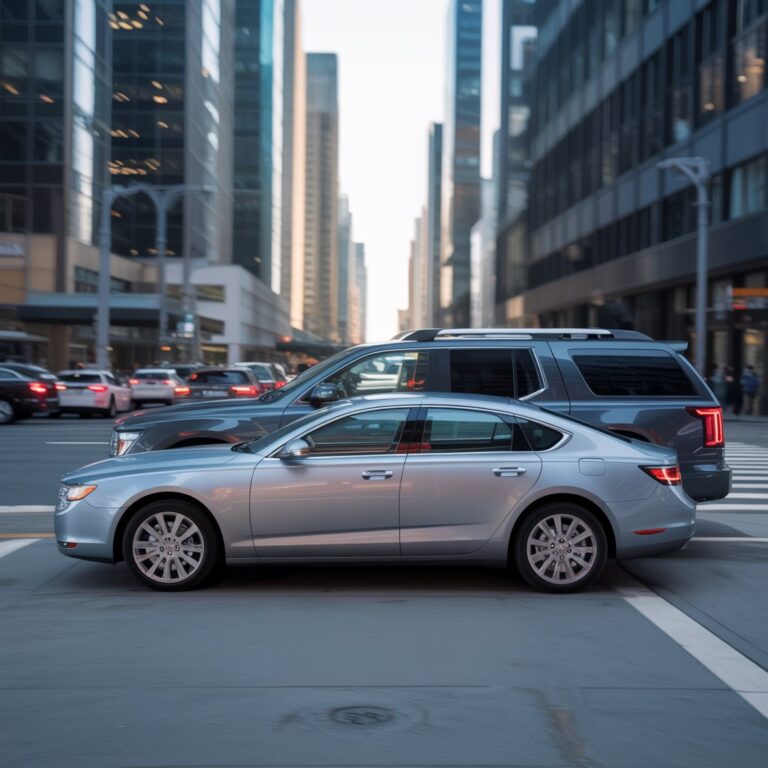 Silver sedan and black SUV side by side on a busy city street, illustrating sedan vs SUV car rental options in Dubai.