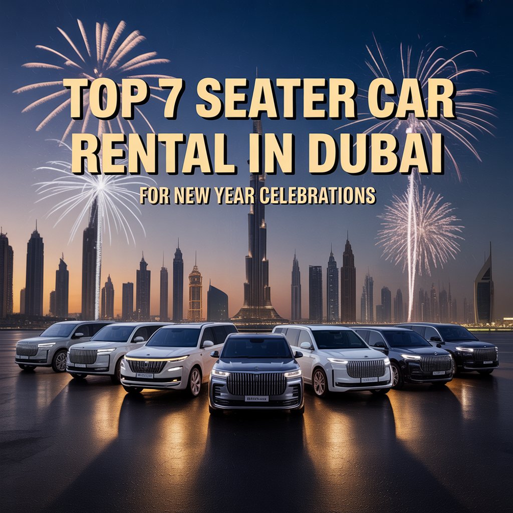 New Year celebration theme with premium 7 seater rental cars and Dubai city backdrop – Best 7 seater cars for rent in Dubai.