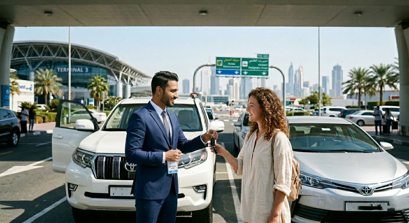 Rent a car in MBR City Dubai with convenient airport pickup service, customer receiving car keys beside luxury rental vehicles near Terminal 3.