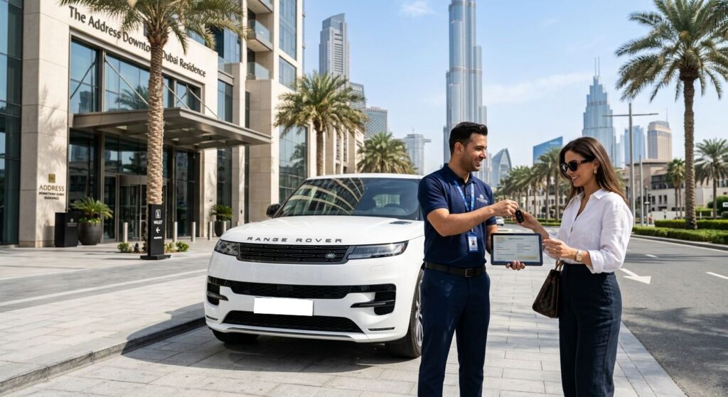 Uniformed attendant gives keys and tablet to customer in front of white Range Rover, with Burj Khalifa in background.