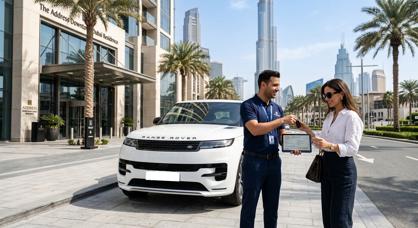 Uniformed attendant gives keys and tablet to customer in front of white Range Rover, with Burj Khalifa in background.