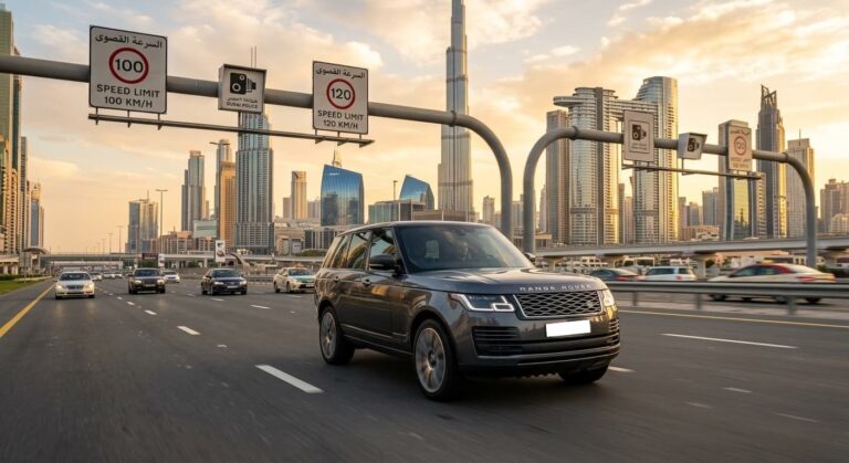 Luxury SUV driving on Sheikh Zayed Road in Dubai with visible speed limit signs, radar cameras, and the Burj Khalifa skyline at sunset — Dubai Speed Limits, Cameras & Radar: Full Driver Guide.