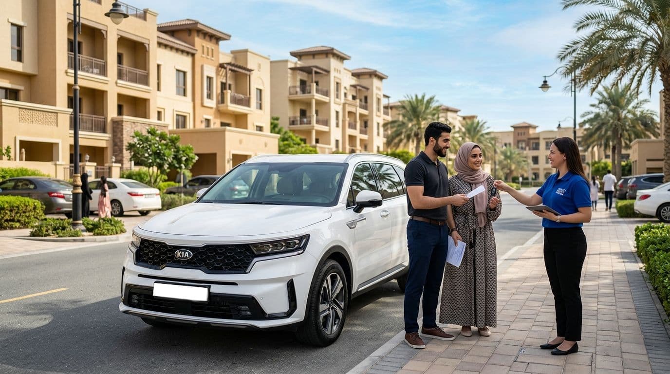 Young Arab couple receiving car keys from a rental agent by a white SUV Rent a Car in Remraam,dubai
