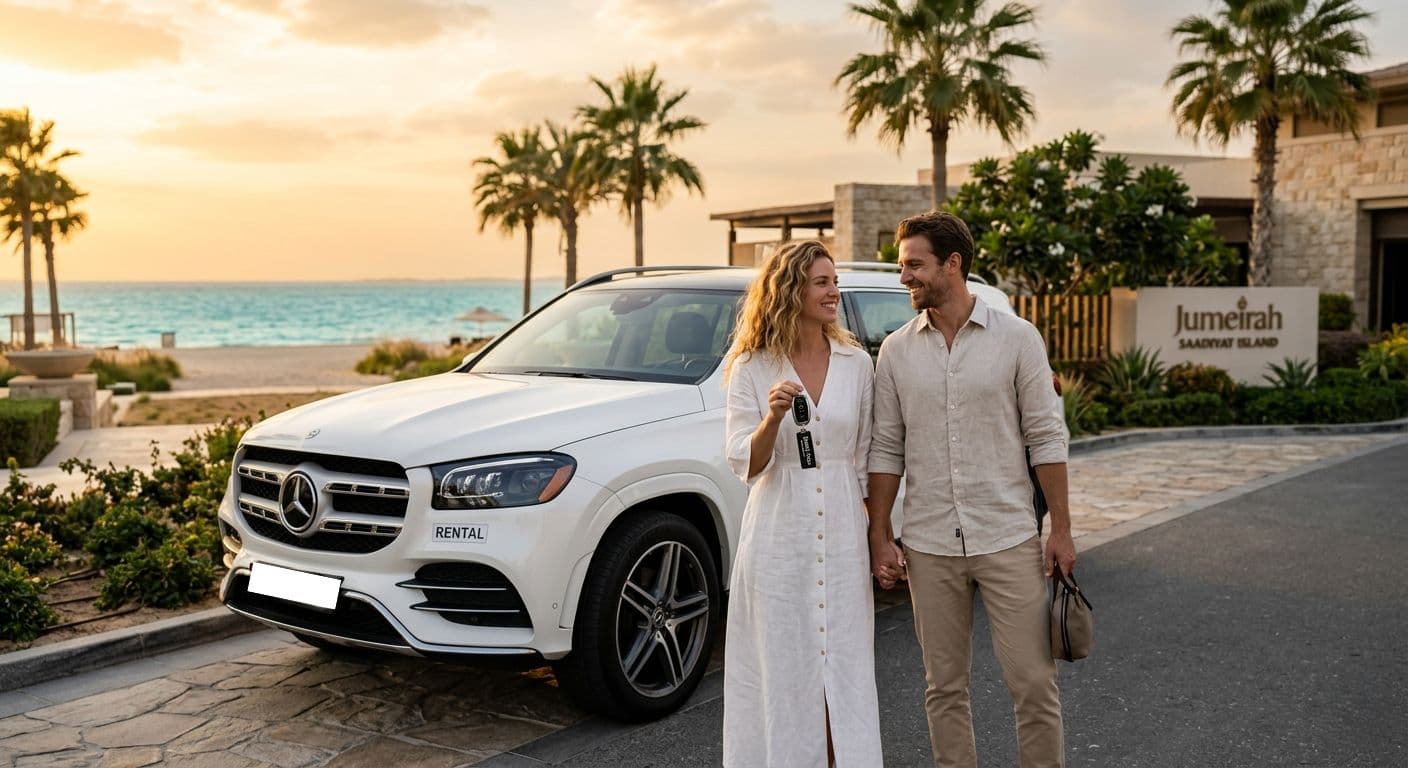 Couple picking up a luxury white SUV rental at a beachfront resort during sunset, smiling and holding car keys near palm trees on Saadiyat Island — perfect scene for “rent a car in Saadiyat Island”.