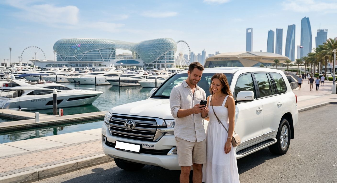 Couple standing beside a white SUV at a marina on Yas Island, Abu Dhabi, checking a smartphone with luxury yachts and the city skyline in the background — ideal scene for rent a car in yas island services.