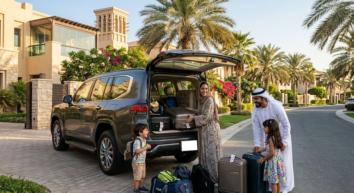 Family loading luggage into SUV outside luxury villa, rent a car in Dubai for comfortable family travel in a palm-lined residential neighborhood.