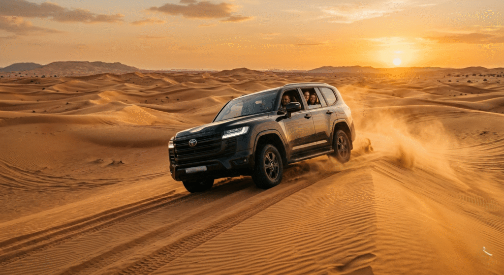 Black SUV driving down golden sand dunes at sunset, tourists inside, dust kicking up, realistic desert safari scene.