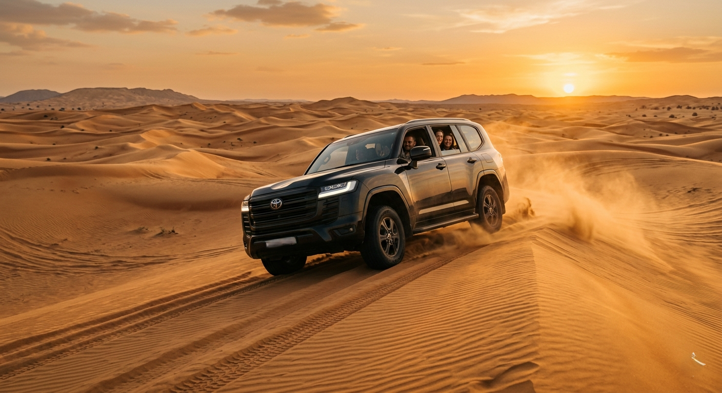 Black SUV driving down golden sand dunes at sunset, tourists inside, dust kicking up, realistic desert safari scene.