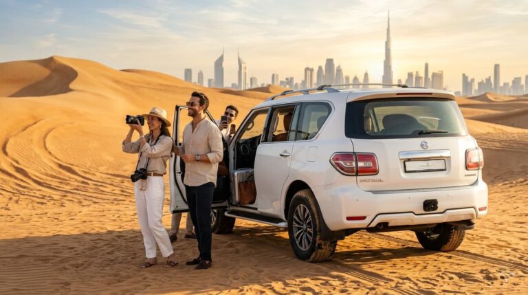 Tourists enjoying a desert adventure with a white SUV during a Dubai road trip, featuring the city skyline in the background. Perfect visual for “Car Rental in Dubai for 3 Days: Itinerary Guide” showcasing travel, sightseeing, and luxury car rental experiences in Dubai.