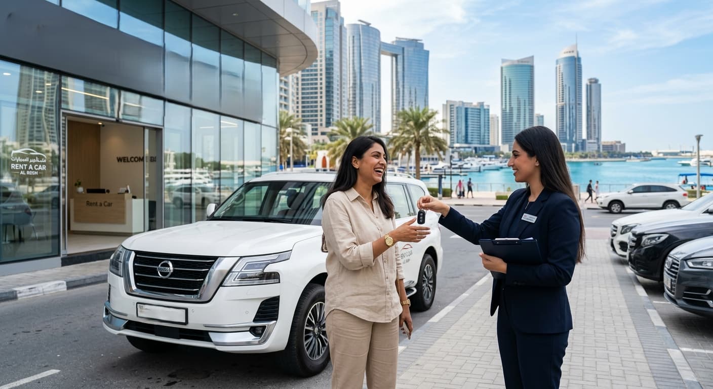 Rent a car in Reem Island Abu Dhabi with premium SUV delivery service by a professional car rental company near the waterfront skyline.