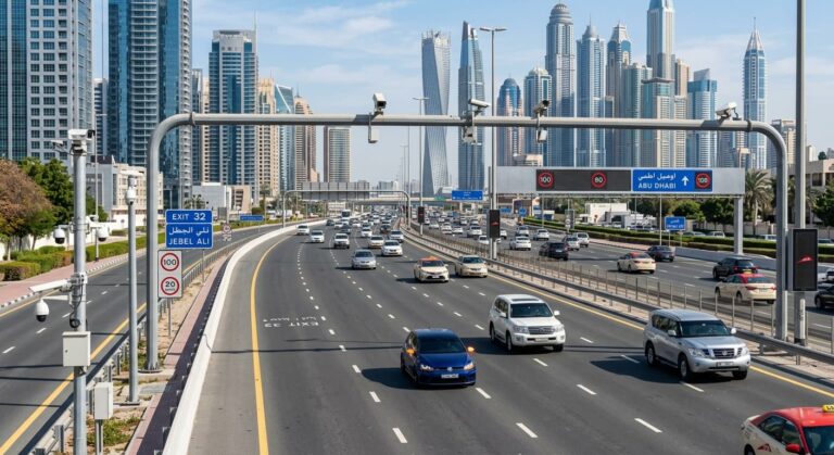 Cinematic Dubai highway with skyscrapers, organized traffic, signaling cars, and roadside cameras in 4K detail.