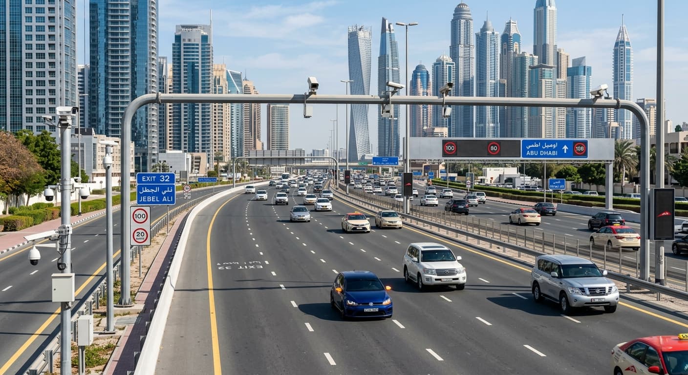 Cinematic Dubai highway with skyscrapers, organized traffic, signaling cars, and roadside cameras in 4K detail.