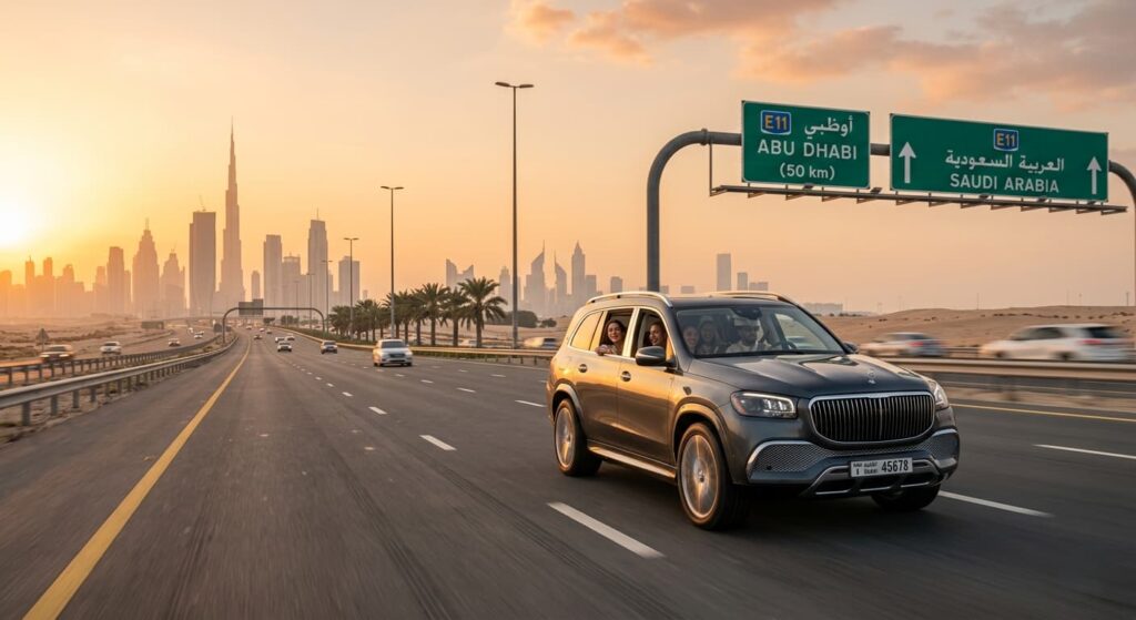 Luxury SUV on Sheikh Zayed Road at golden hour. Driving from Dubai to Abu Dhabi: Road Trip Essentials.