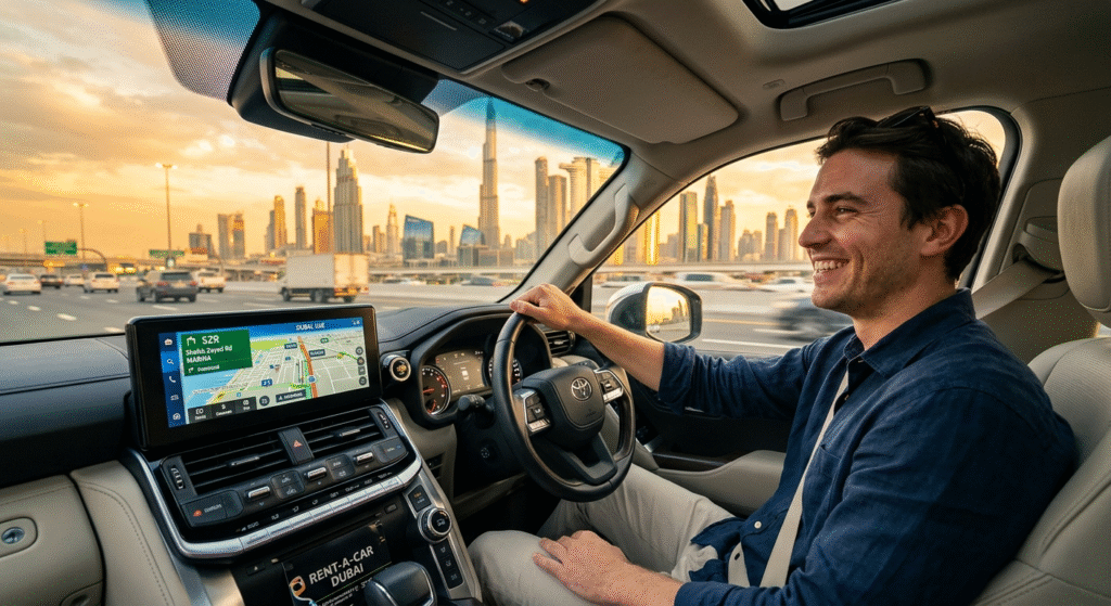 A smiling expat enjoying a long-term car rental for new expats in Dubai, driving a modern SUV along Sheikh Zayed Road during a golden hour sunset. The clean car interior highlights a sleek dashboard navigation system showing a Dubai map, while the iconic Burj Khalifa and city skyline blur past in the background, capturing a sense of freedom, comfort, and seamless mobility.