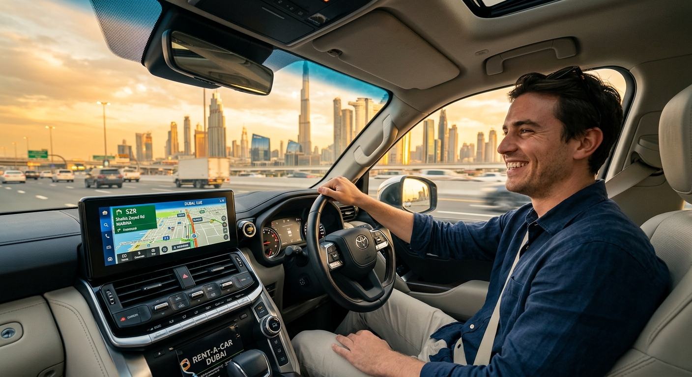 A smiling expat enjoying a long-term car rental for new expats in Dubai, driving a modern SUV along Sheikh Zayed Road during a golden hour sunset. The clean car interior highlights a sleek dashboard navigation system showing a Dubai map, while the iconic Burj Khalifa and city skyline blur past in the background, capturing a sense of freedom, comfort, and seamless mobility.