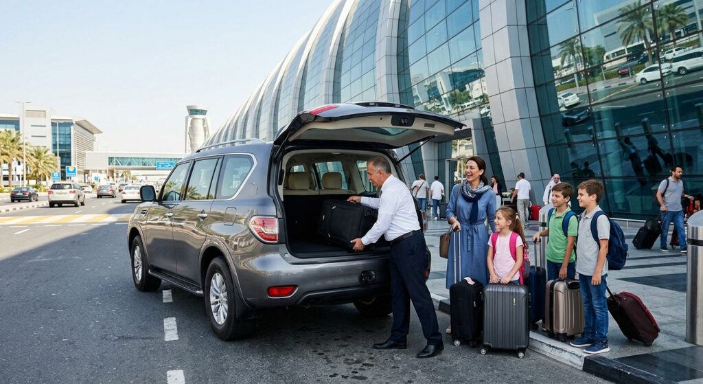 Family loading luggage into a 7-seater SUV outside Dubai Airport terminal, showcasing spacious family car rental in Dubai.
