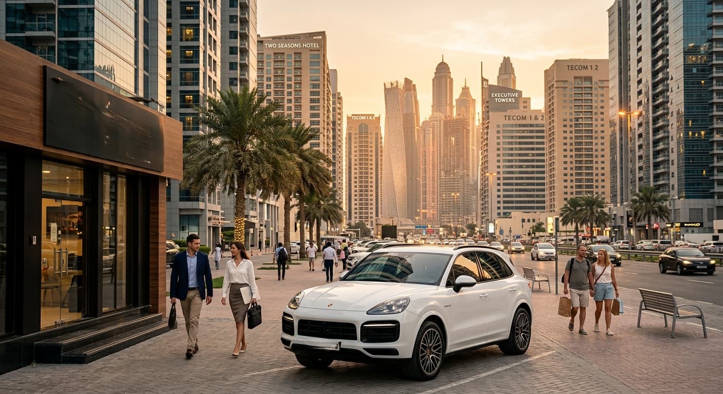 White Porsche SUV parked on a TECOM street in Dubai, near a Rent a Car office, during golden sunset, 8K DSLR photo.