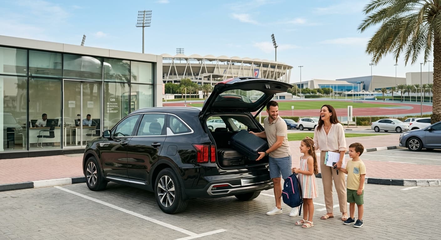 Family loading luggage into a black SUV outside a modern complex near a stadium in Sports City, Dubai, ready to rent a car in Sports City Dubai for a family trip.