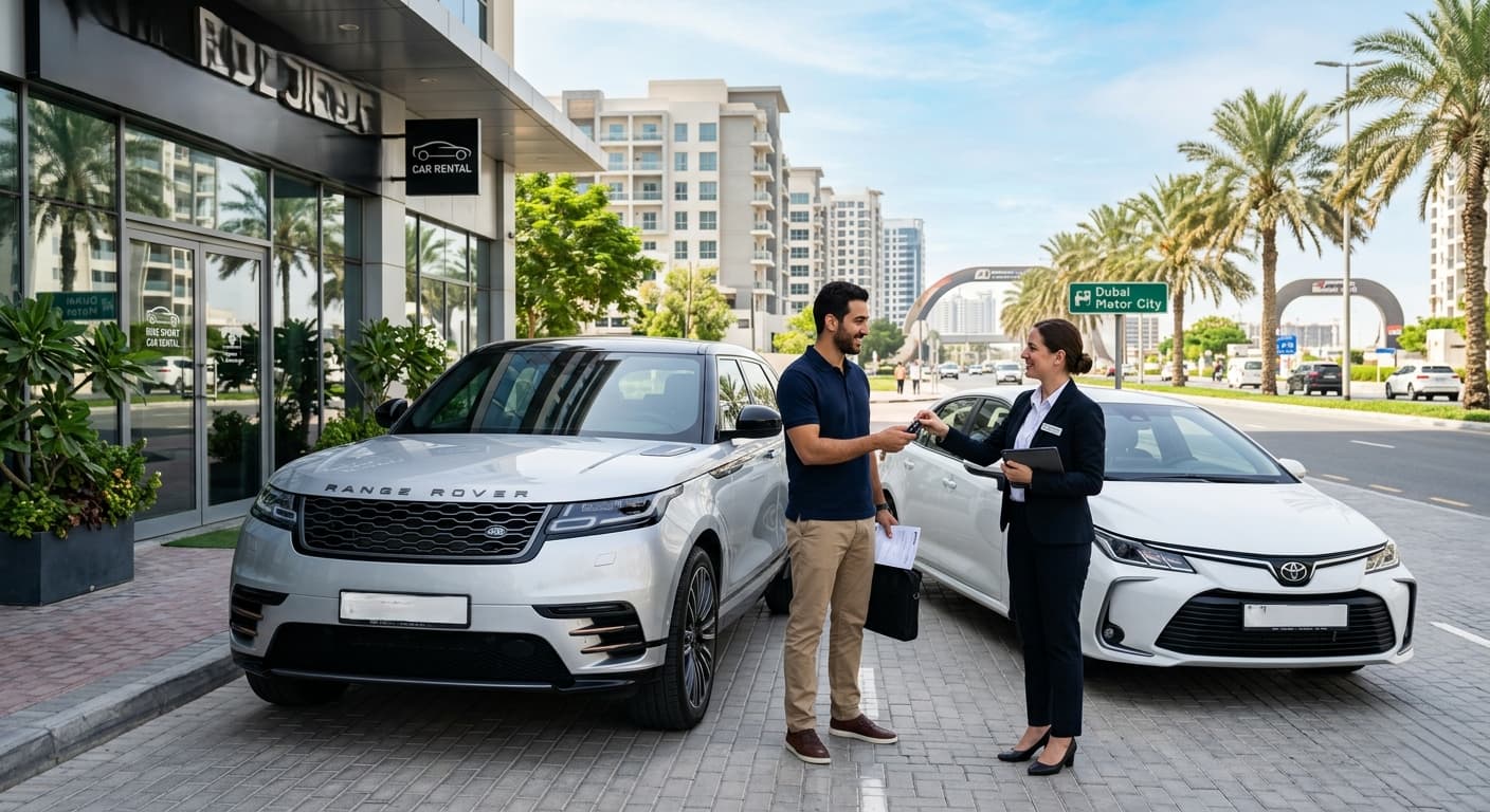 Customer receiving car keys outside a luxury showroom for rent a car in Motor City Dubai with premium vehicles parked.