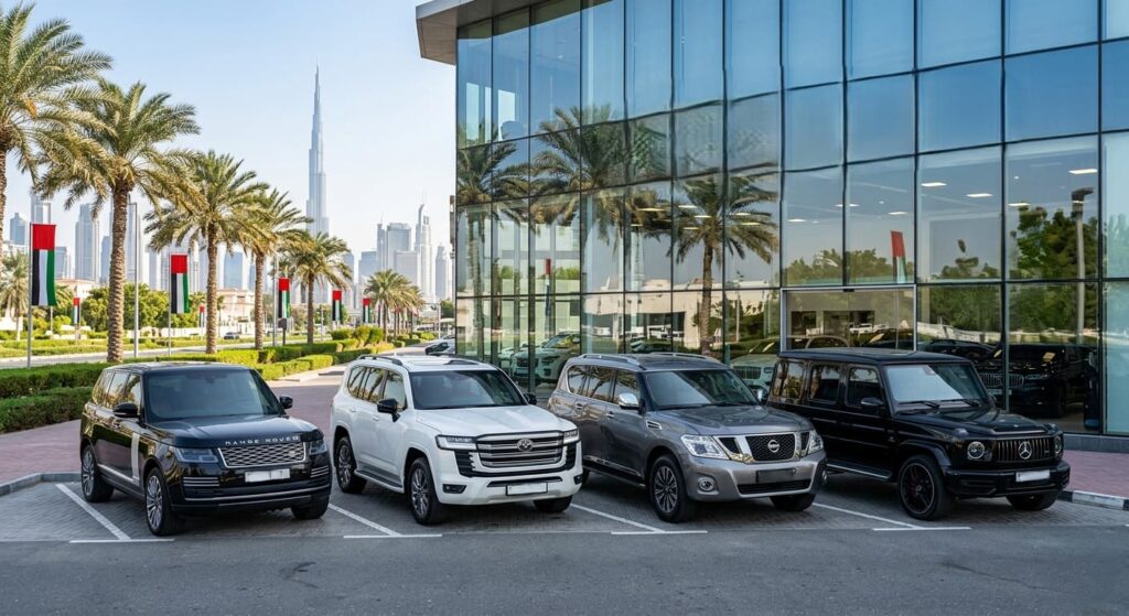 Best Road Trip SUVs Available for Rent in the UAE parked outside a luxury Dubai showroom with skyline views.