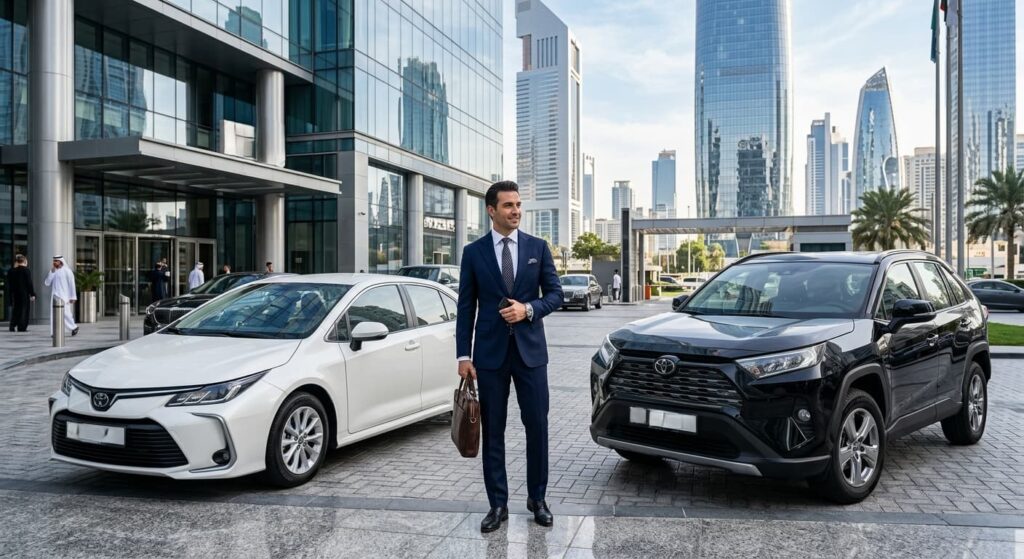 Rent a car for business travel in Dubai with executive sedan and SUV options outside modern corporate offices.
