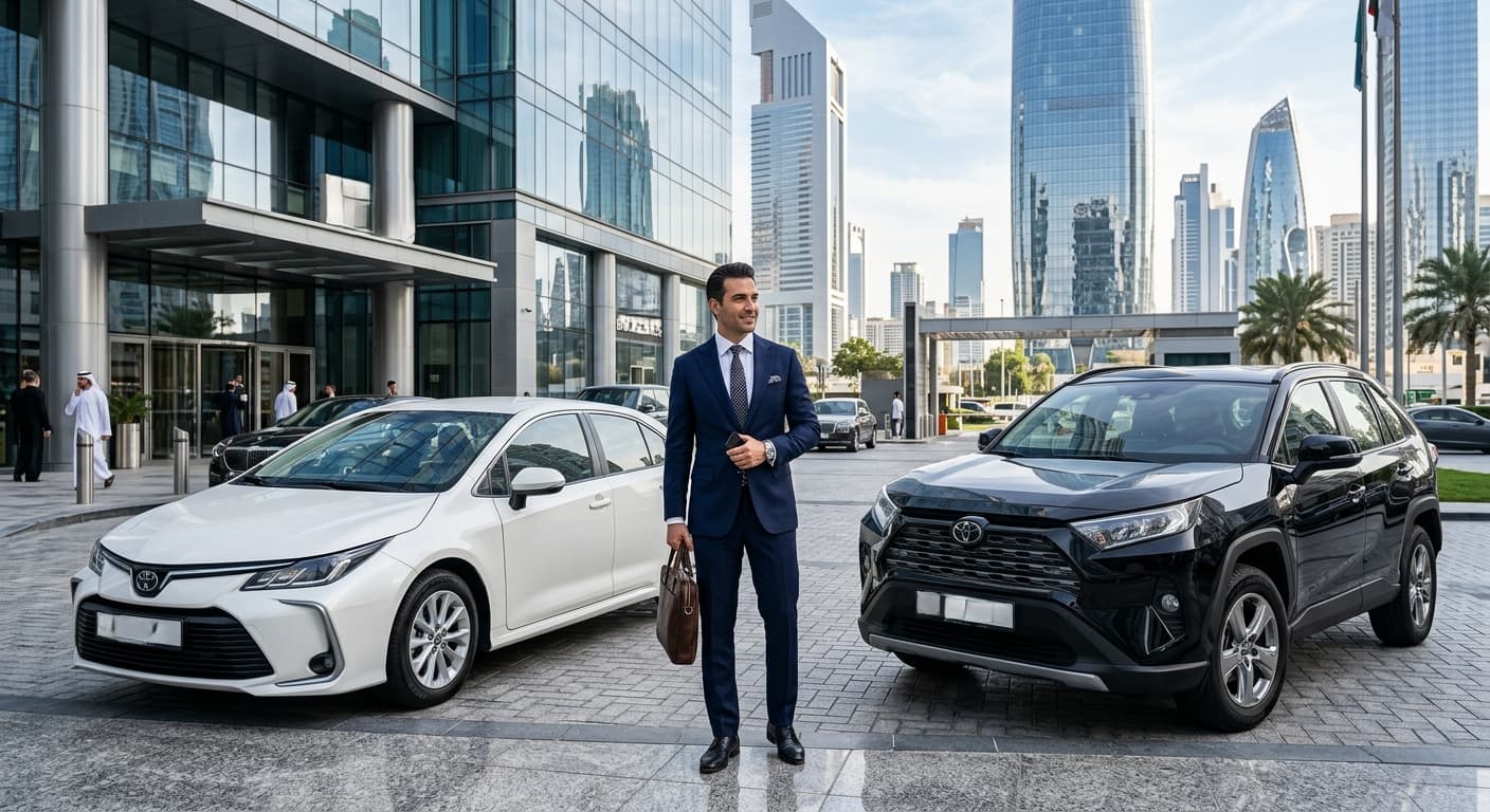 Rent a car for business travel in Dubai with executive sedan and SUV options outside modern corporate offices.
