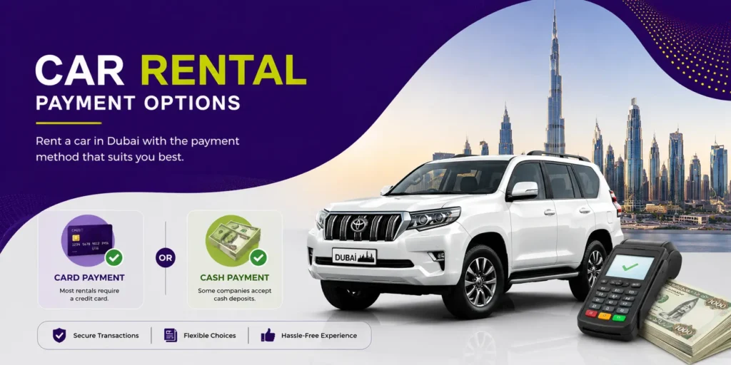 Credit card to rent a car in Dubai, or pay by cash, showing car rental payment options with secure transactions and flexible choices