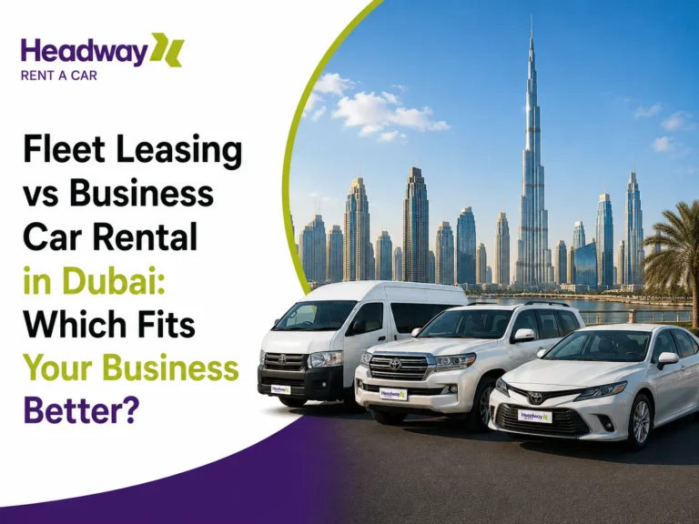 Fleet Leasing vs Business Car Rental in Dubai with business vehicles and Dubai skyline