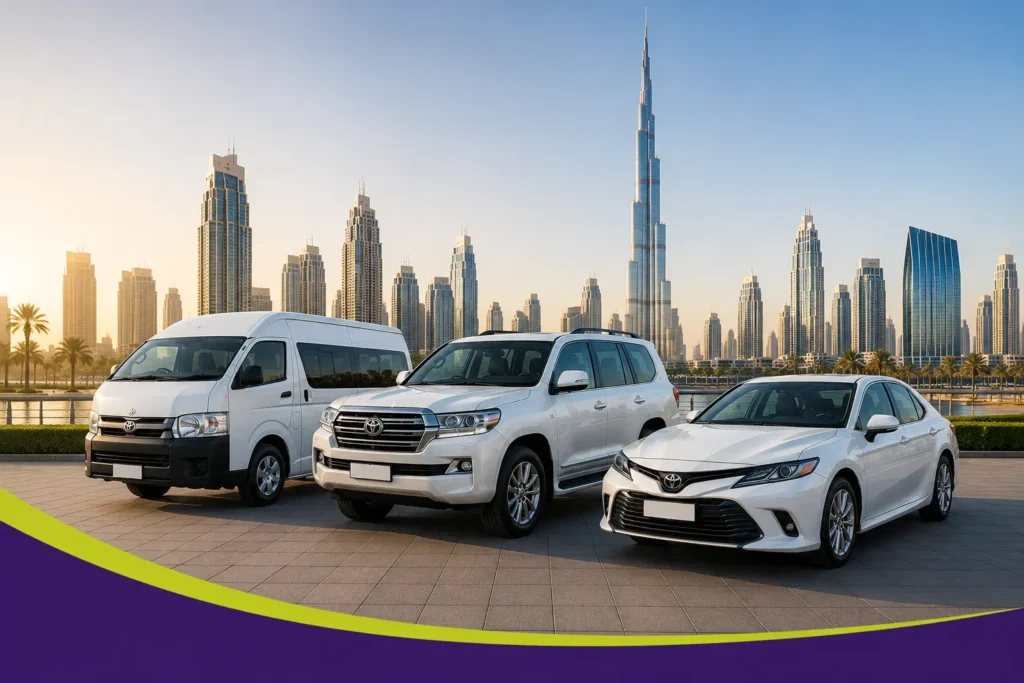 Fleet leasing vs business car rental in Dubai with a van, SUV and sedan against the Dubai skyline