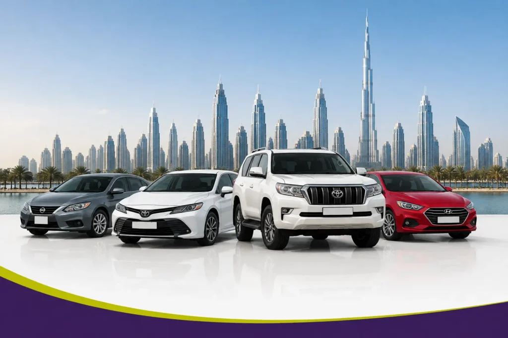 Car rental companies in Dubai requiring a security deposit with rental cars against the Dubai skyline
