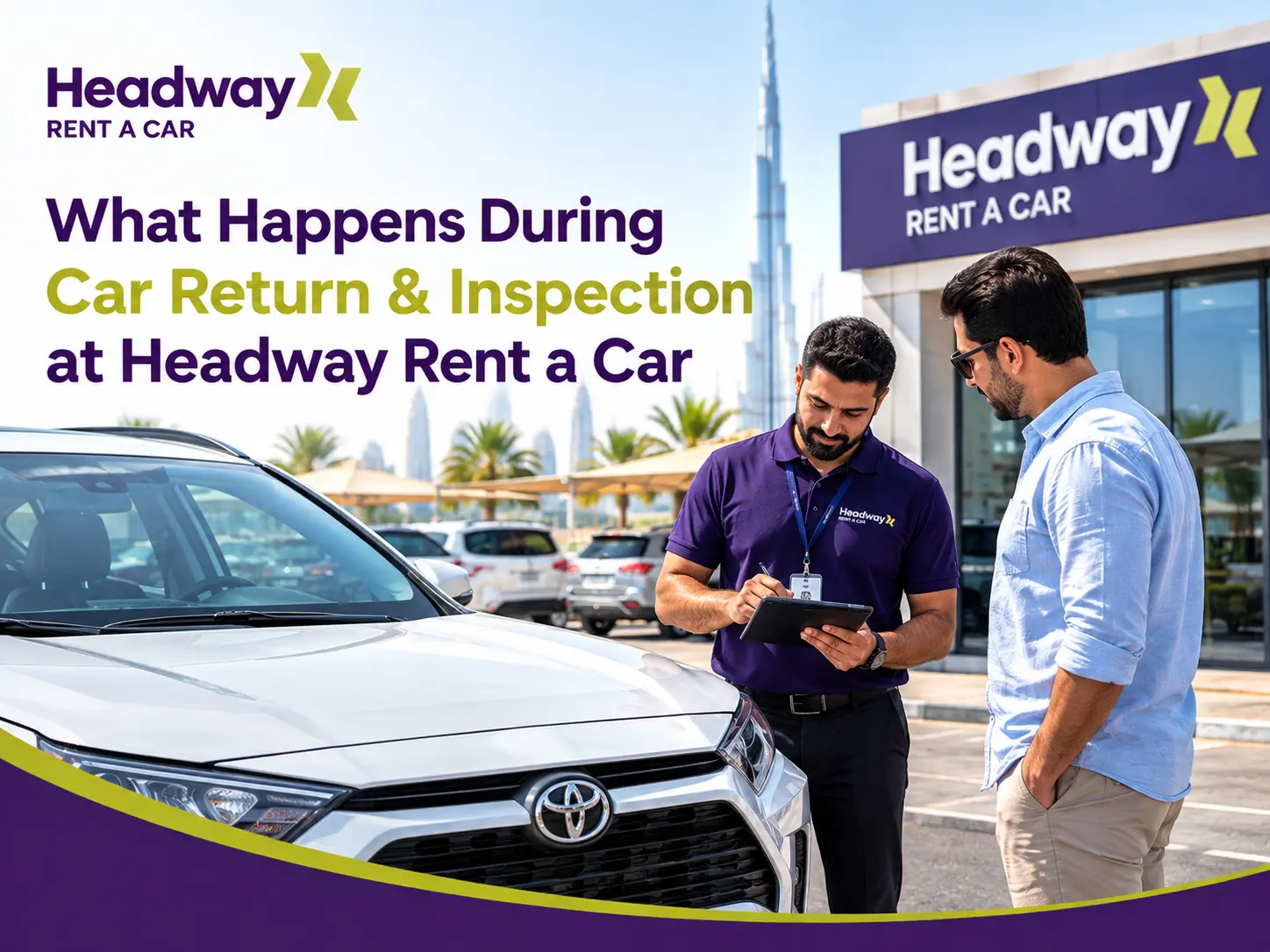 Car return and inspection at Headway Rent a Car with a vehicle being checked by a rental staff member