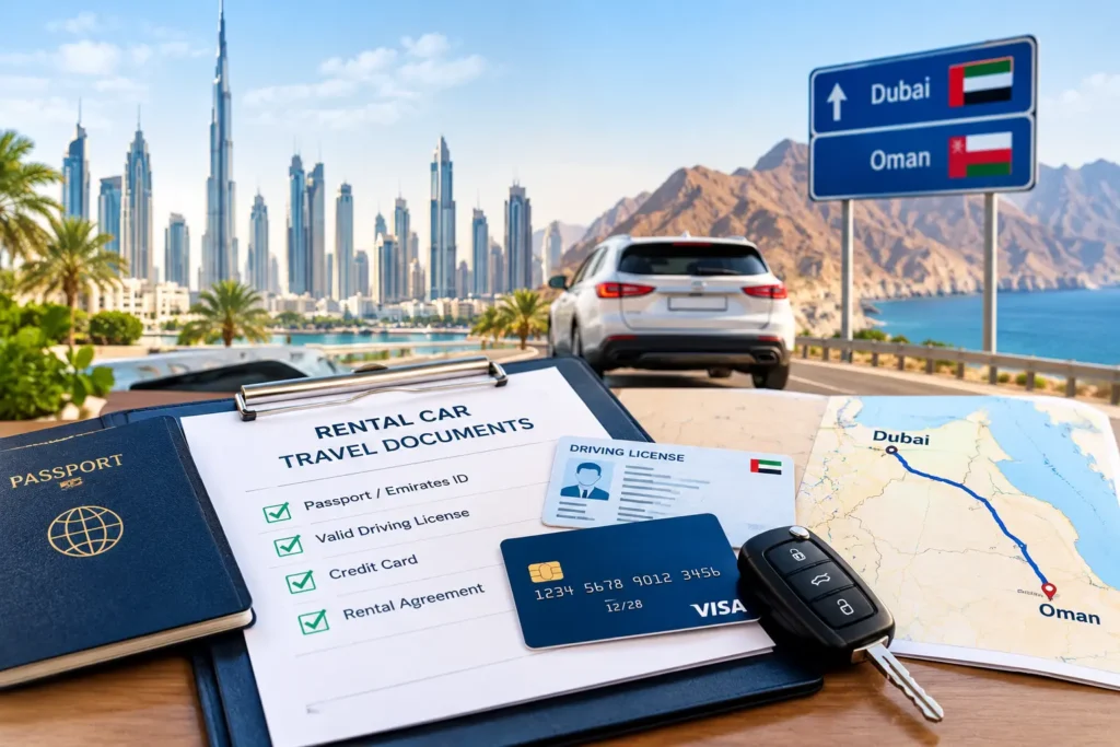 Rental car travel documents, passport, driving license and route map for a Dubai to Oman road trip