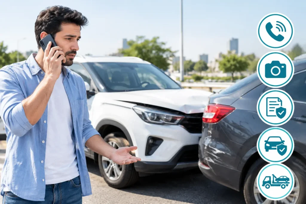 Minor rental car accident with driver calling for help and documenting vehicle damage