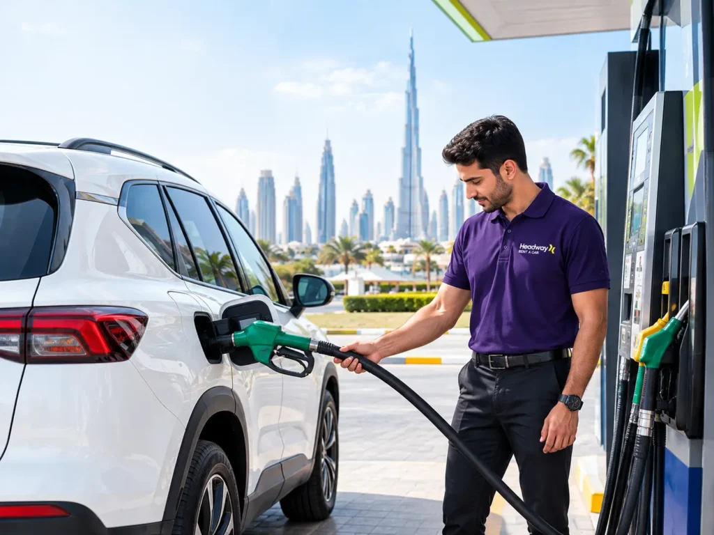Car being refueled at a petrol station during a rental trip in Dubai