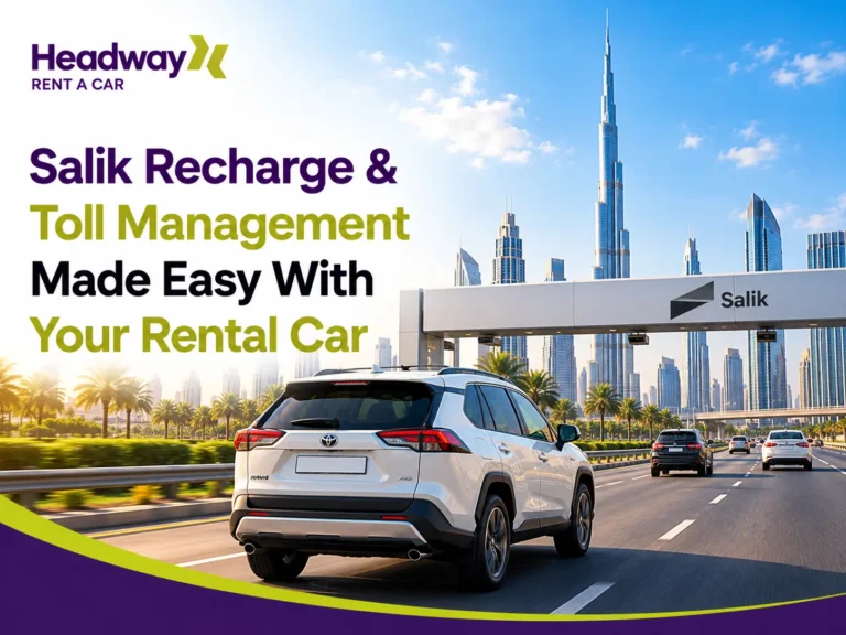 Rental car driving through a Salik toll gate on a Dubai highway with the city skyline and Burj Khalifa in the background