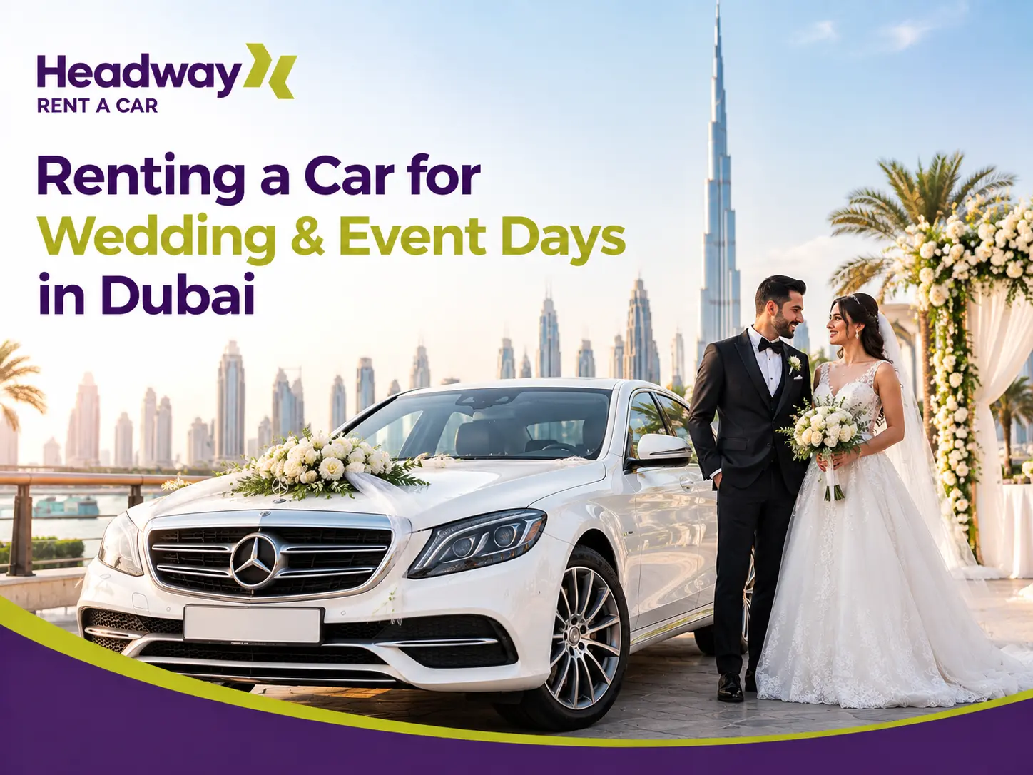 Wedding car rental in Dubai with a decorated luxury car and newlywed couple