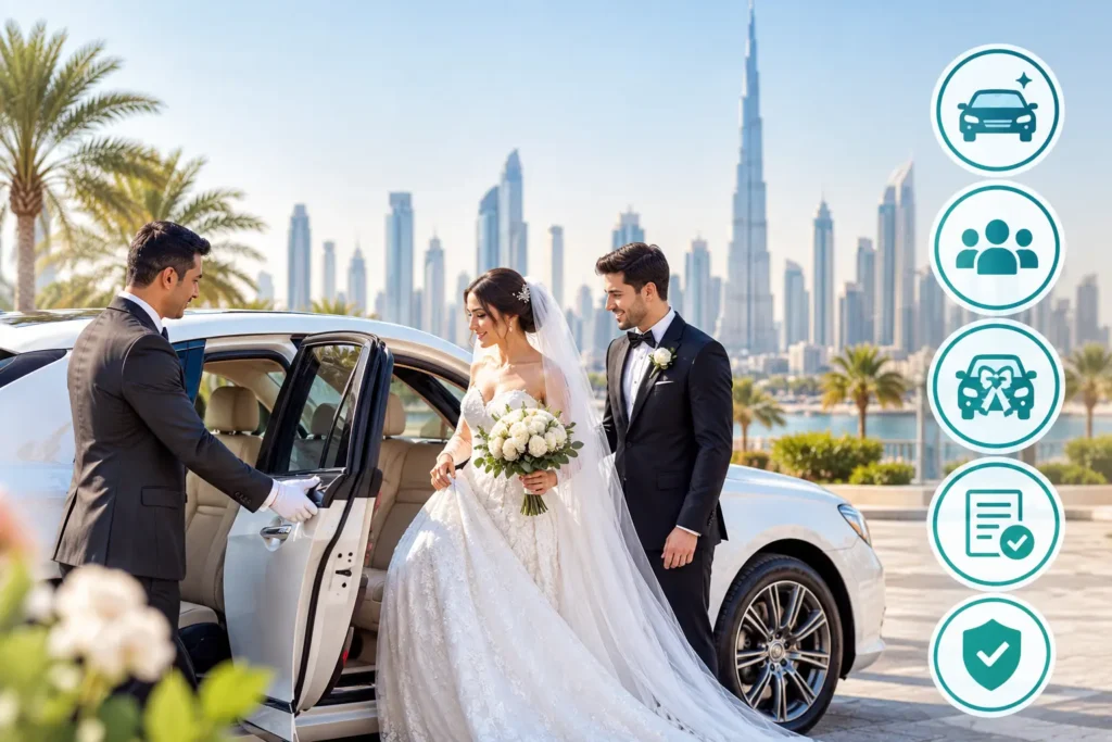 Luxury wedding car with bride and groom and chauffeur in Dubai