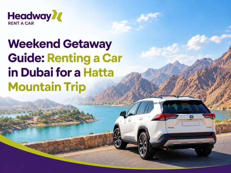 Weekend getaway from Dubai to Hatta with a rental SUV driving along a scenic mountain road beside turquoise water and rugged mountains