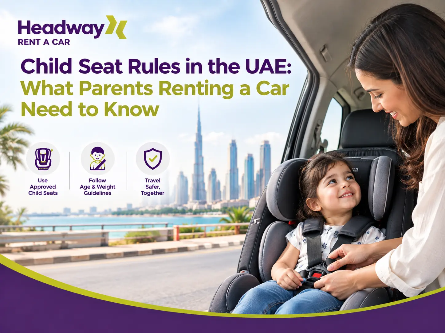 Child seat rules in the UAE for parents renting a car, with a mother securing her child in a car seat against the Dubai skyline