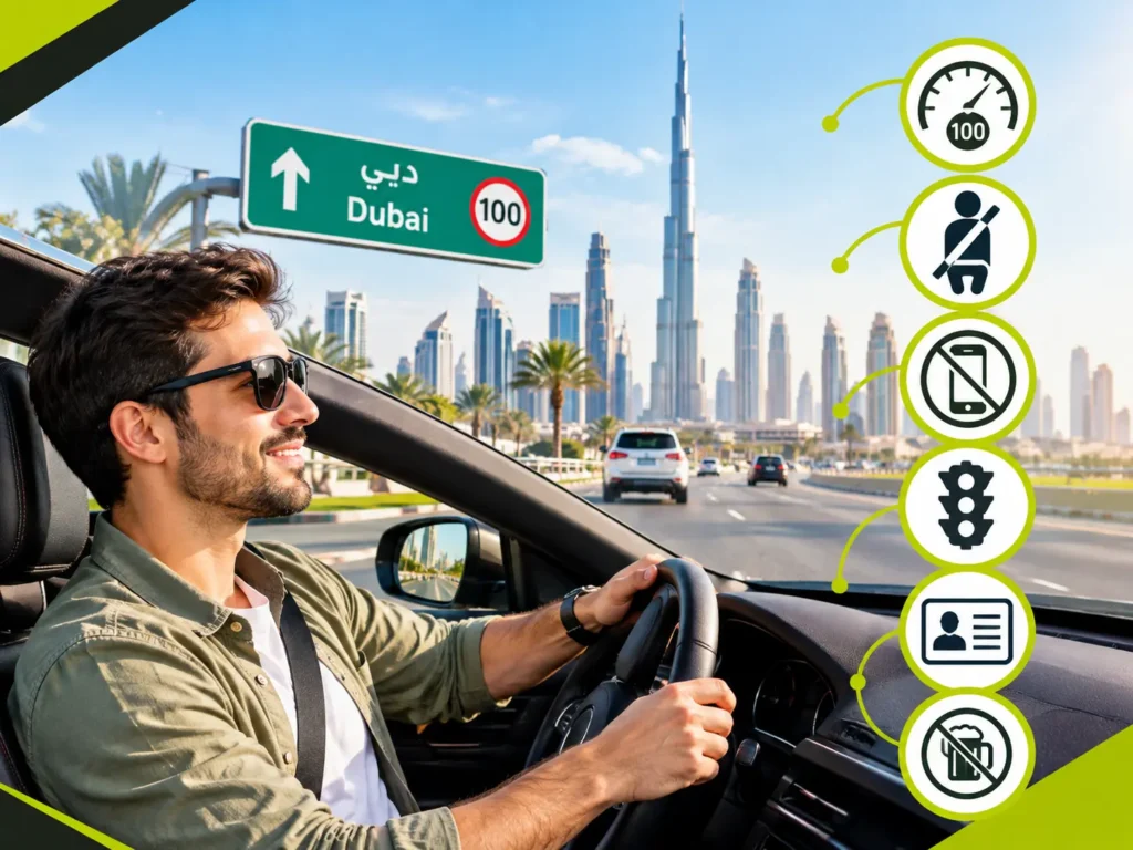 Dubai driving rules for tourists, featuring a driver on a Dubai highway with speed limit signs, seat belt and mobile phone safety icons, traffic signals, and the city skyline.