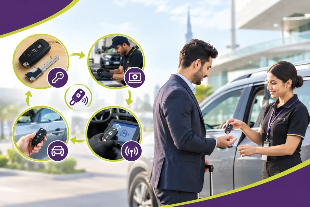 Rental car key replacement process showing a technician programming and testing a car key, with a rental company representative handing the replacement key to a customer beside a vehicle.