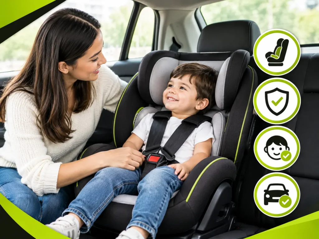 Mother securing her child in a car seat inside a rental car, highlighting child seat safety and vehicle compatibility.