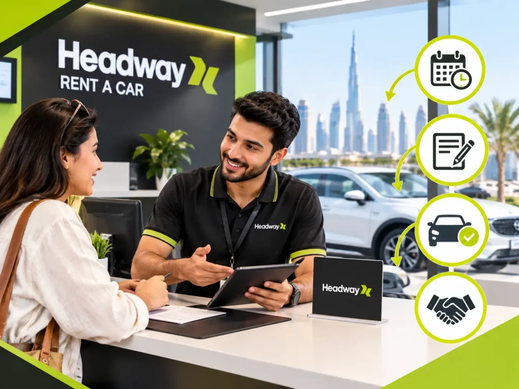How to extend a car rental in Dubai instead of returning the vehicle late, with a renter checking their phone beside a parked rental car.
