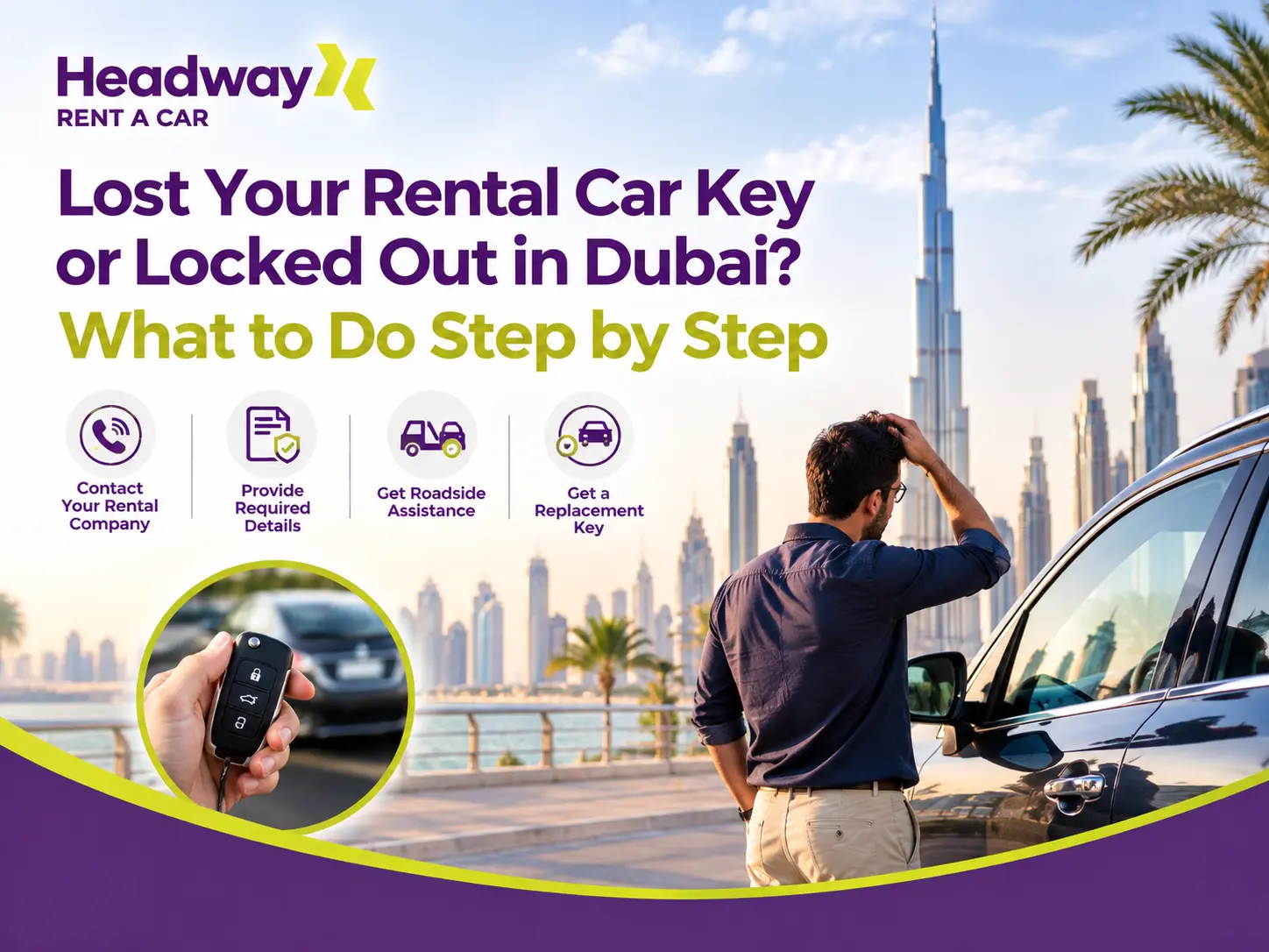 Lost Your Rental Car Key in Dubai? A man standing beside a rental SUV near the Dubai skyline, illustrating steps to contact the rental company, request roadside assistance, and obtain a replacement car key.