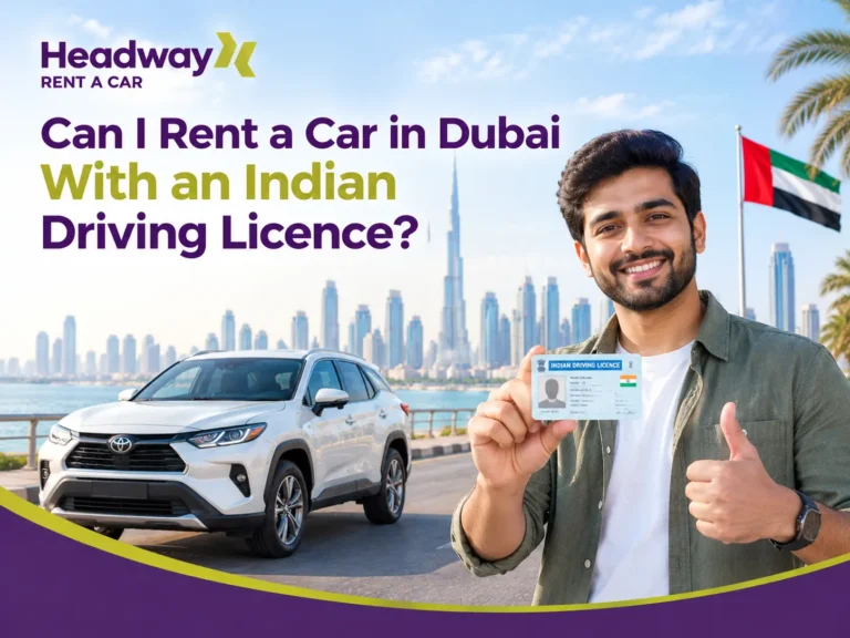 Can I rent a car in Dubai with an Indian driving licence, featuring a rental car and a driver holding an Indian licence